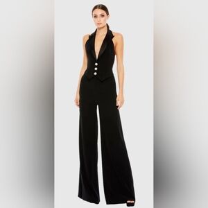 Mac Duggal Black Tuxedo Halter Jumpsuit 2643 Womans Size 8 Jet Black NWT V-Neck